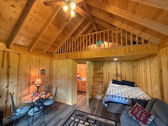 3929 County Road 17, Pequot Lakes, MN 56472 - unfurnished bedroom featuring a wood ceiling with exposed beams, wood walls, high vaulted ceiling, and wood finished floors