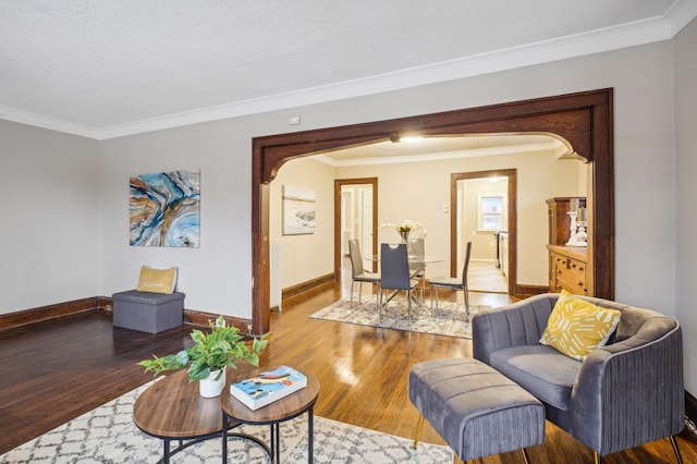 living room featuring radiator heating unit, light wood-type flooring, and crown molding