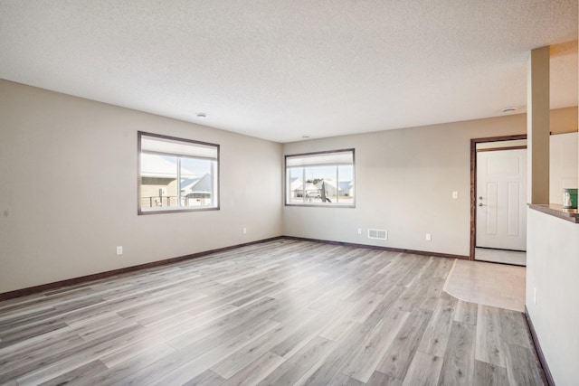 unfurnished living room featuring a healthy amount of sunlight, light hardwood / wood-style floors, and a textured ceiling