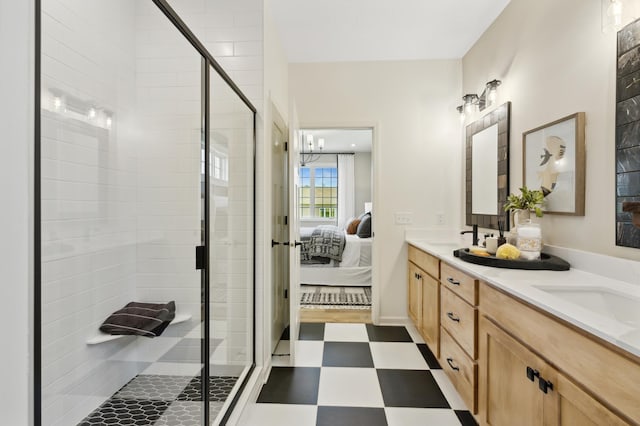 bathroom featuring vanity and walk in shower