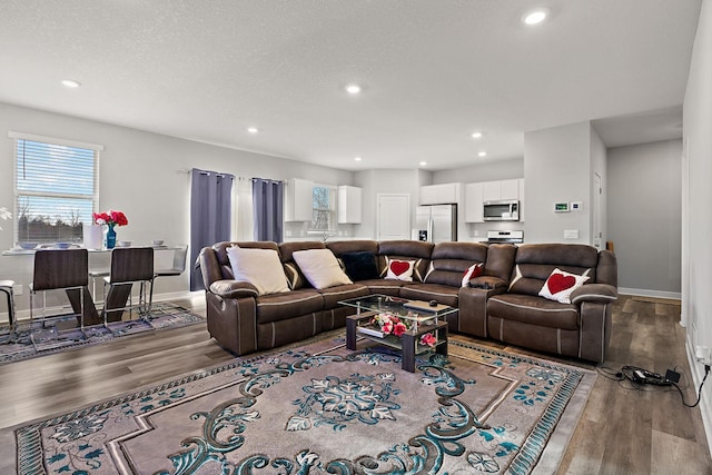 living room featuring hardwood / wood-style flooring and a textured ceiling