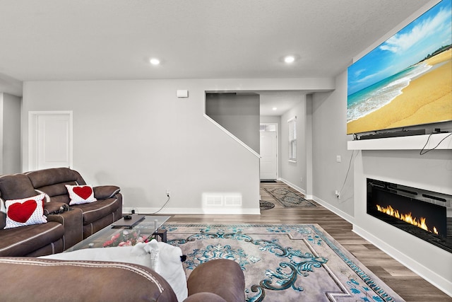 living room with dark hardwood / wood-style flooring