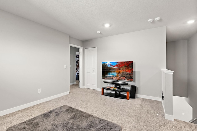 living room featuring a textured ceiling and carpet floors