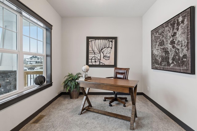 home office with carpet flooring