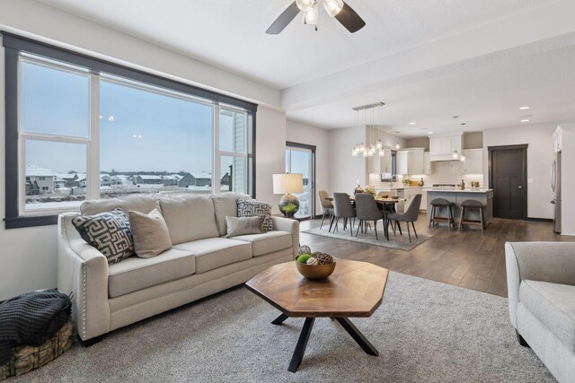 living room with dark hardwood / wood-style flooring and ceiling fan with notable chandelier