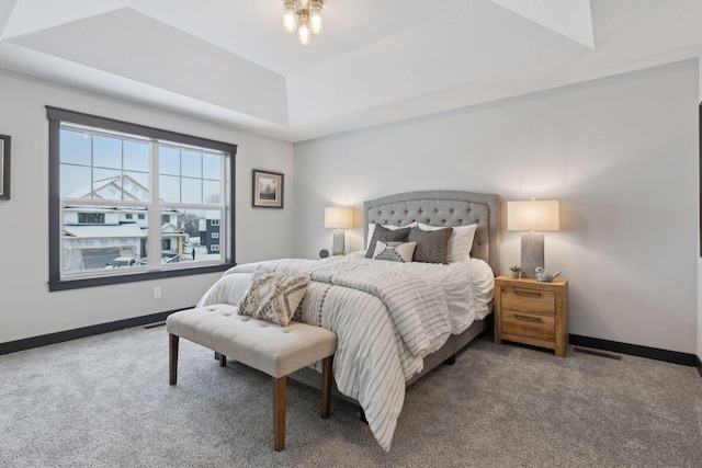 carpeted bedroom with a raised ceiling