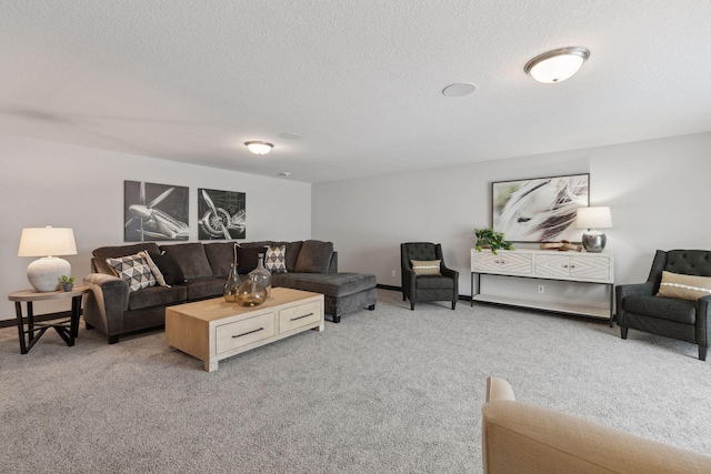 living room featuring carpet floors and a textured ceiling