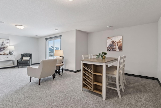 carpeted dining area featuring a textured ceiling