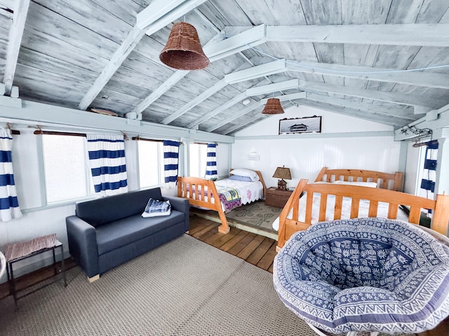 bedroom with vaulted ceiling with beams, wooden ceiling, and wood-type flooring