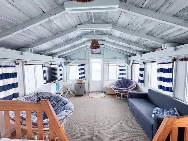 sunroom with vaulted ceiling with beams and wood ceiling