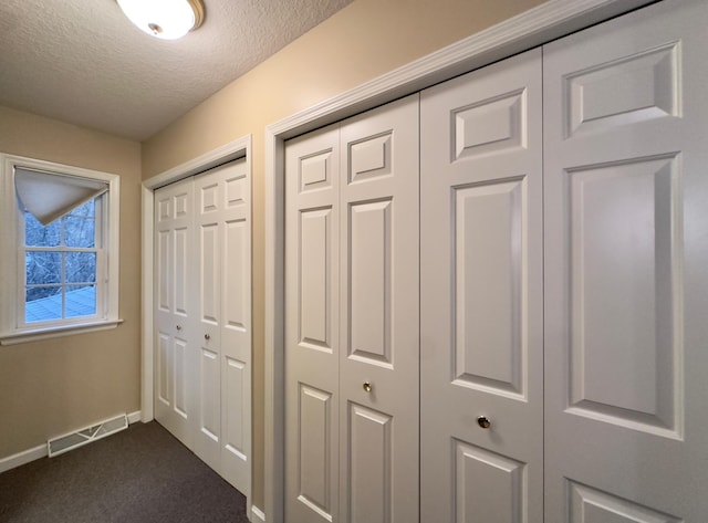 interior details with carpet and a textured ceiling