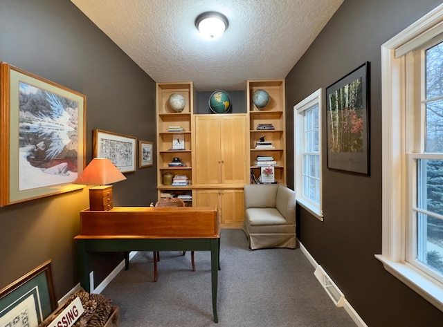 carpeted home office featuring a textured ceiling