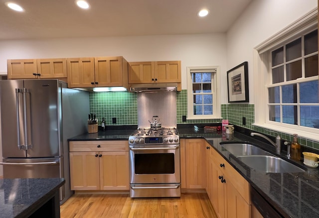 kitchen with light wood-type flooring, stainless steel appliances, tasteful backsplash, and sink