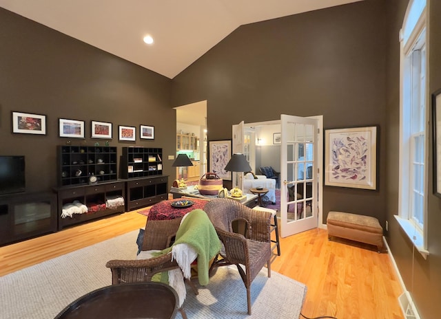 living room with light hardwood / wood-style floors and high vaulted ceiling