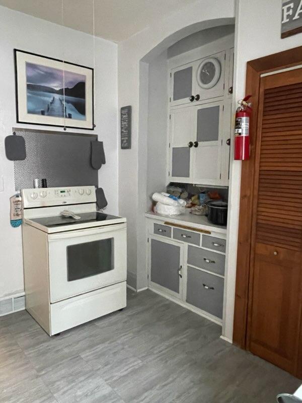 kitchen with white electric range oven and light hardwood / wood-style floors