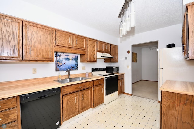 kitchen featuring white range with electric cooktop, sink, black dishwasher, and a textured ceiling