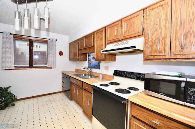 kitchen with a textured ceiling, sink, pendant lighting, electric range, and dishwasher