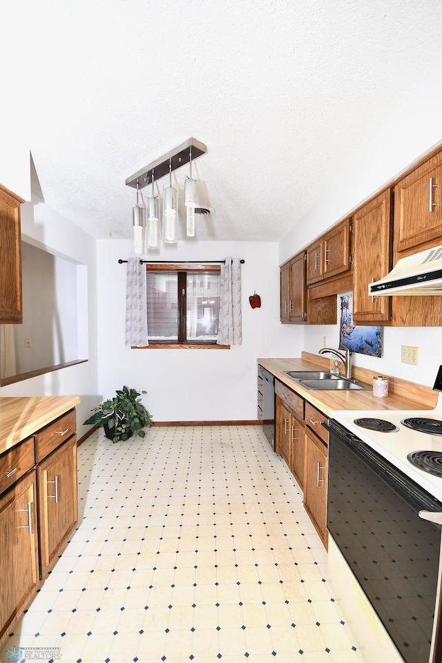 kitchen featuring dishwasher, hanging light fixtures, sink, range hood, and white range with electric stovetop