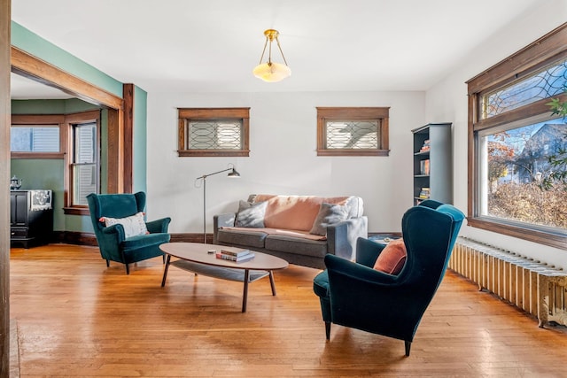 living room with light hardwood / wood-style floors and radiator heating unit