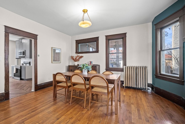 dining space featuring radiator, baseboards, and hardwood / wood-style flooring