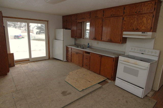 kitchen with backsplash, plenty of natural light, white appliances, and sink