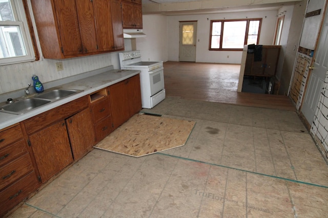 kitchen with electric range, sink, and light hardwood / wood-style floors