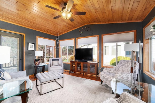 living room with ceiling fan, hardwood / wood-style floors, wooden ceiling, and lofted ceiling