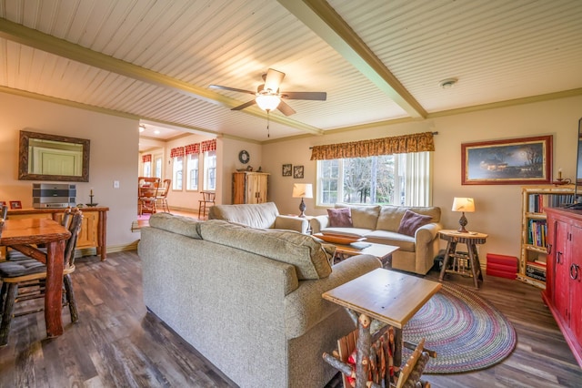 living room with ceiling fan, crown molding, beamed ceiling, and dark wood-type flooring