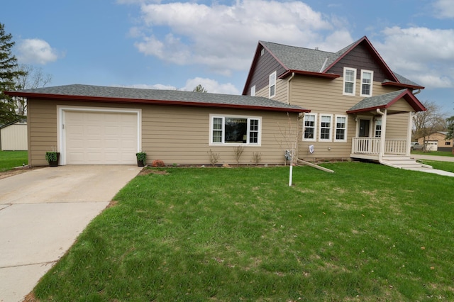 view of front of property with a garage, driveway, a shingled roof, and a front lawn