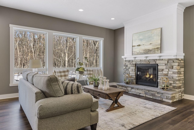 living room featuring dark hardwood / wood-style flooring and a stone fireplace