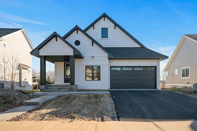 modern inspired farmhouse featuring covered porch and cooling unit