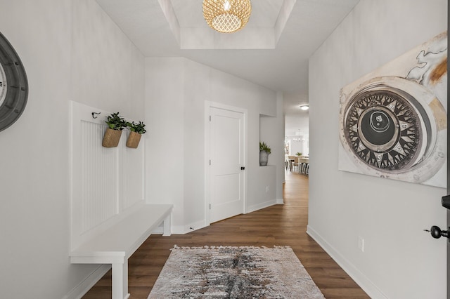 mudroom featuring dark hardwood / wood-style flooring and an inviting chandelier