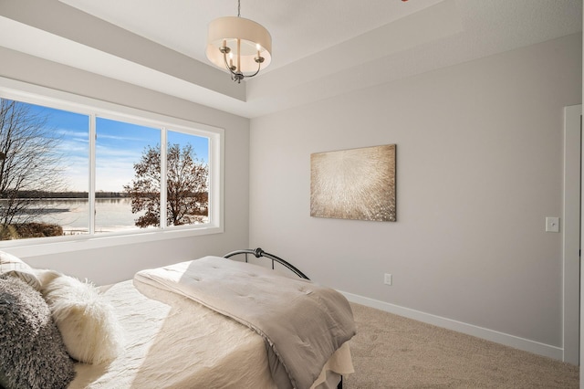 carpeted bedroom featuring a water view and a tray ceiling