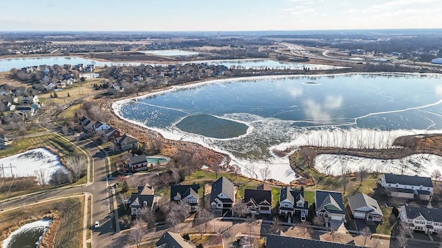 drone / aerial view with a water view