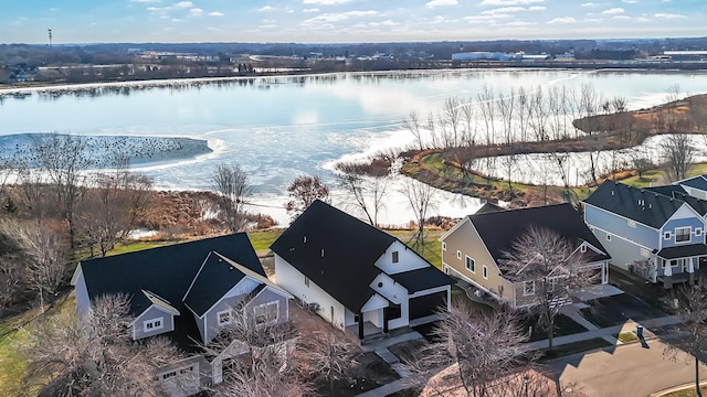 aerial view featuring a water view