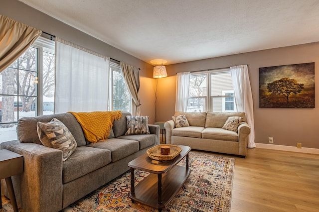 living room featuring a textured ceiling, light hardwood / wood-style flooring, and a healthy amount of sunlight