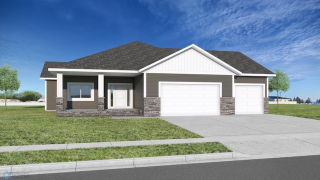 craftsman-style home with a front lawn, covered porch, and a garage