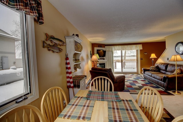 carpeted dining space featuring a textured ceiling