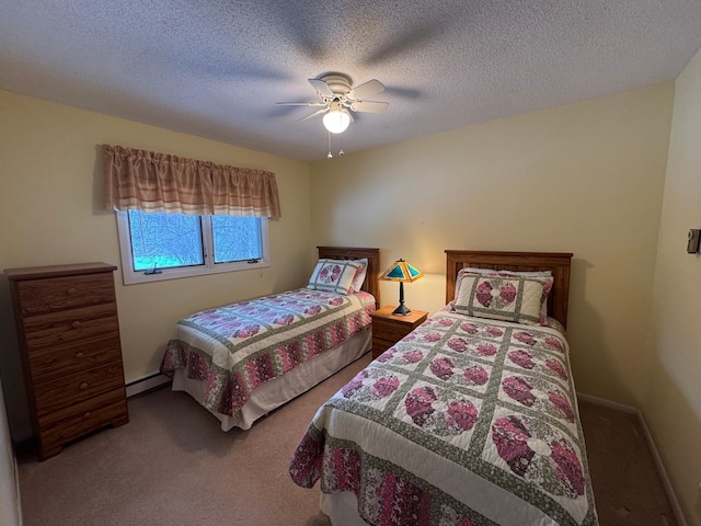 carpeted bedroom with a textured ceiling, a baseboard radiator, and ceiling fan