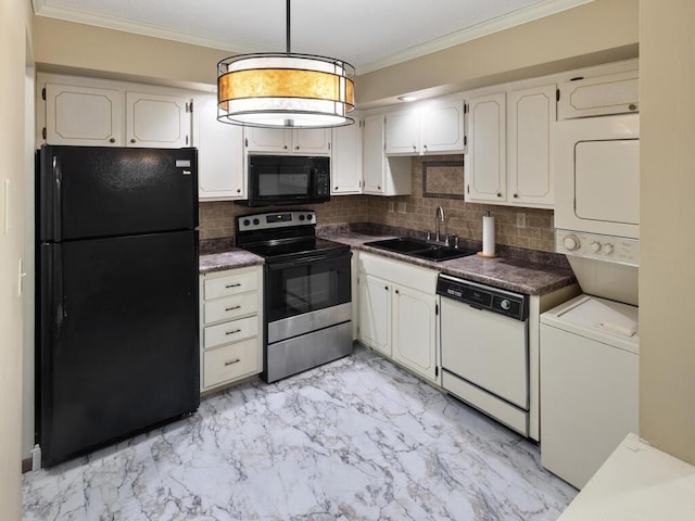 kitchen with decorative backsplash, sink, black appliances, stacked washer and dryer, and white cabinetry