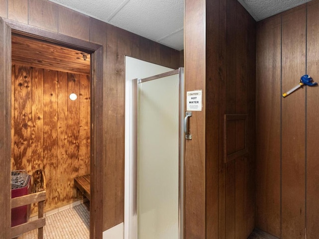 bathroom with wood walls