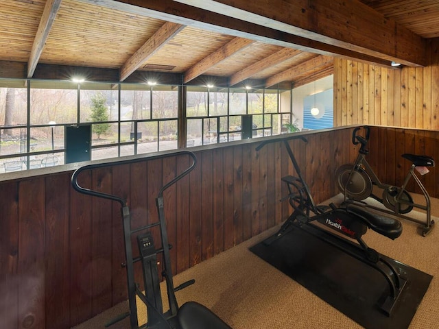 exercise room with wood ceiling, wood walls, carpet, and a healthy amount of sunlight