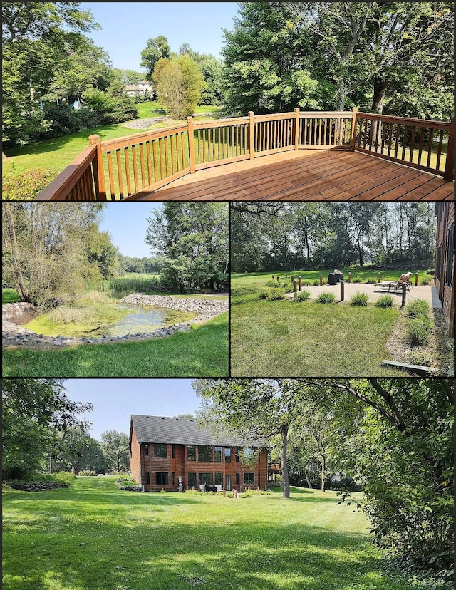 exterior space featuring a wooden deck and a lawn