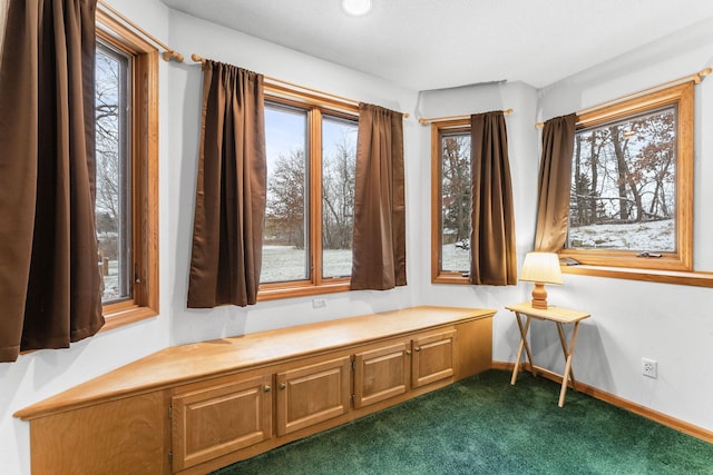 unfurnished room featuring dark colored carpet