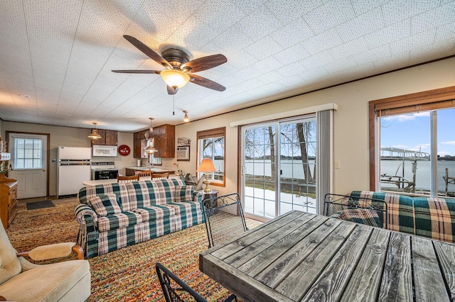 living room featuring ceiling fan and a water view