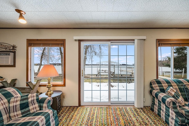 entryway featuring a water view, a healthy amount of sunlight, and a wall mounted air conditioner