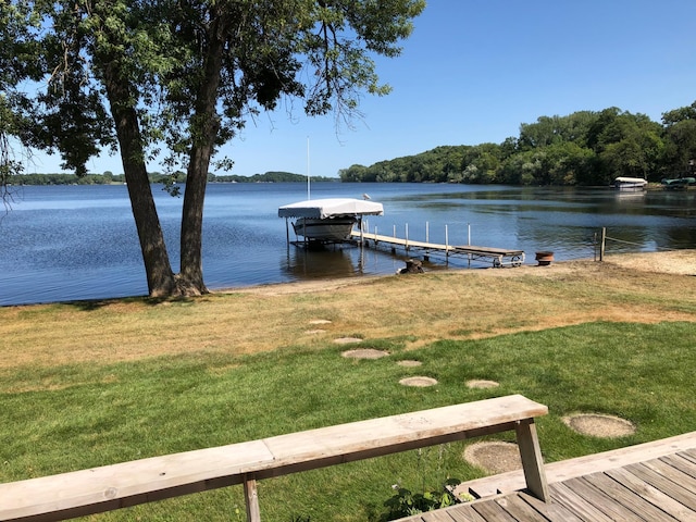 view of dock featuring a water view and a lawn