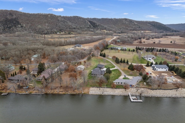 birds eye view of property with a water and mountain view