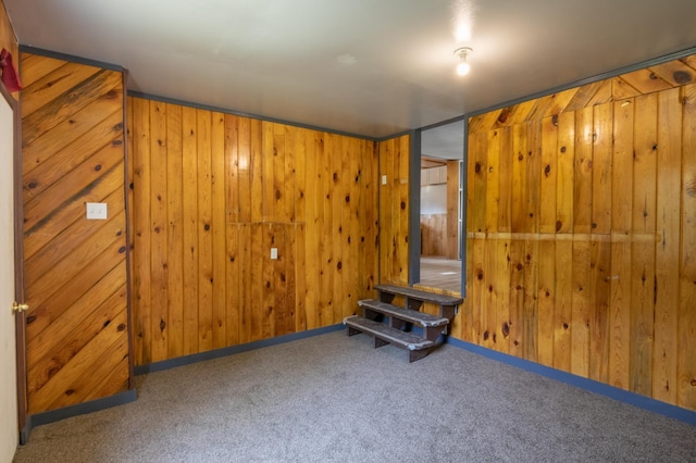 carpeted empty room with wood walls