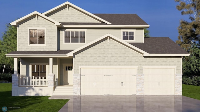 craftsman inspired home featuring a porch, a garage, and a front yard